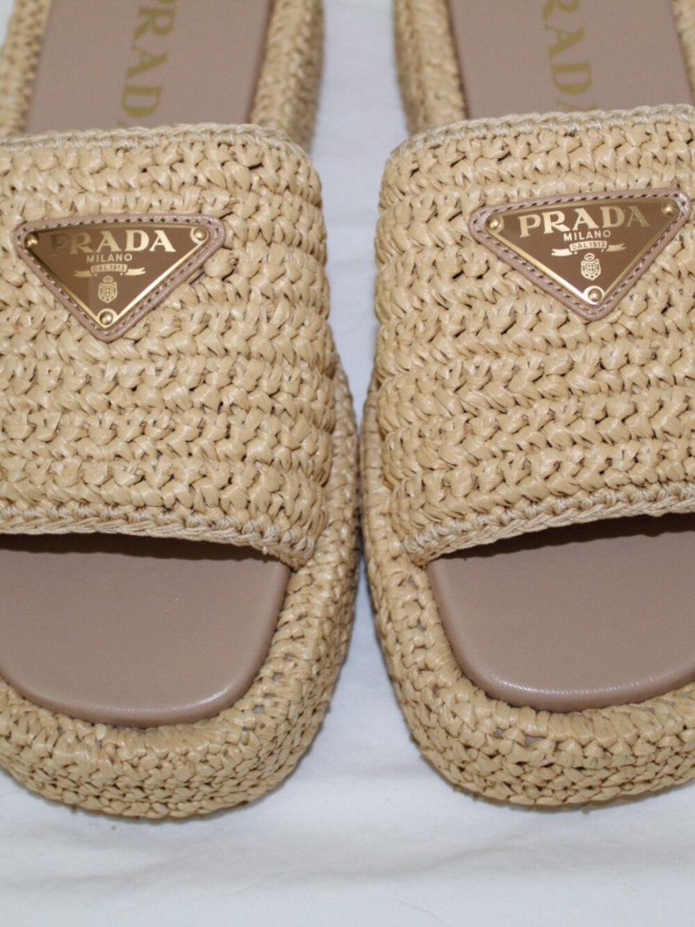 NWOB PRADA Raffia Single Band Platform Triangle Logo Sandals Slides Natural 37 - Picture 5 of 11